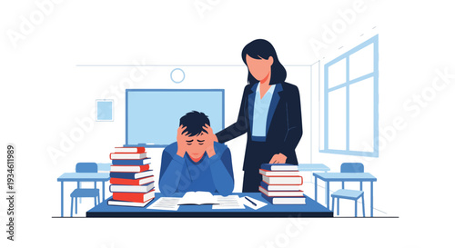 Modern vector illustration of student overwhelmed by homework while teacher offers guidance. Academic stress and emotional support concept in school education environment