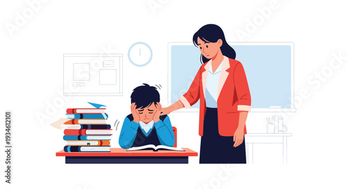 Modern vector illustration of student overwhelmed by homework while teacher offers guidance. Academic stress and emotional support concept in school education environment