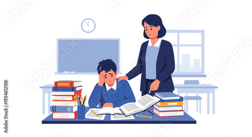 Modern vector illustration of student overwhelmed by homework while teacher offers guidance. Academic stress and emotional support concept in school education environment
