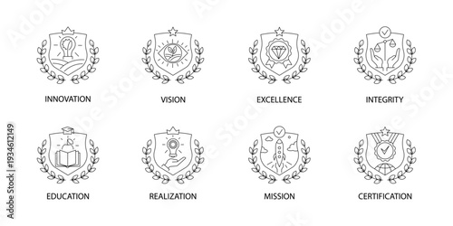 Mission and Values Icon Set with wreaths and shields. Retro Botanical Emblems for Vision, Excellence