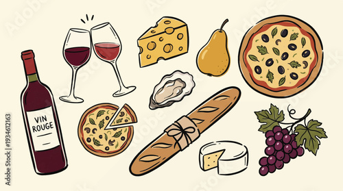 French gourmet food and wine icon collection in hand drawn style, red wine, cheese, baguette, pizza, and oysters.