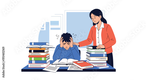 Modern vector illustration of student overwhelmed by homework while teacher offers guidance. Academic stress and emotional support concept in school education environment