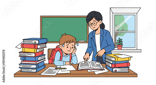 Modern vector illustration of student overwhelmed by homework while teacher offers guidance. Academic stress and emotional support concept in school education environment