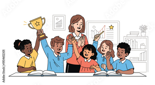 Modern vector illustration of diverse students celebrating achievement with teacher applause. Teamwork, school success and emotional encouragement concept in classroom