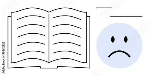 Education challenges. Open book and sad face highlighting negative learning experiences, struggles in education, or knowledge difficulties. For education, teaching, learning setbacks, literacy
