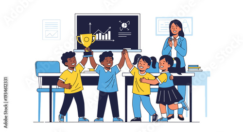 Modern vector illustration of diverse students celebrating achievement with teacher applause. Teamwork, school success and emotional encouragement concept in classroom