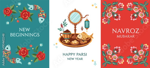 Happy Parsi New Year Navroz Mubarak Flat Illustration Set with Haft-Sin Mirror and Goldfish