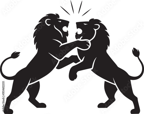 Two lions fighting aggressively silhouette vector illustration showing power