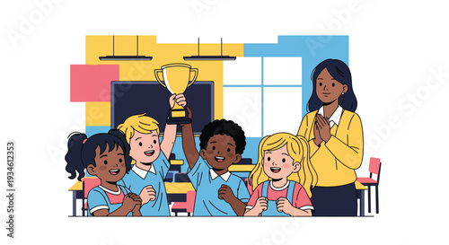 Modern vector illustration of diverse students celebrating achievement with teacher applause. Teamwork, school success and emotional encouragement concept in classroom