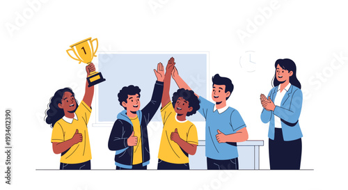 Modern vector illustration of diverse students celebrating achievement with teacher applause. Teamwork, school success and emotional encouragement concept in classroom