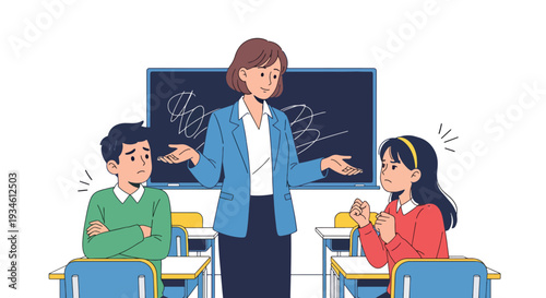 Modern vector illustration of teacher mediating conflict between students in classroom. Emotional intelligence and communication skills education concept