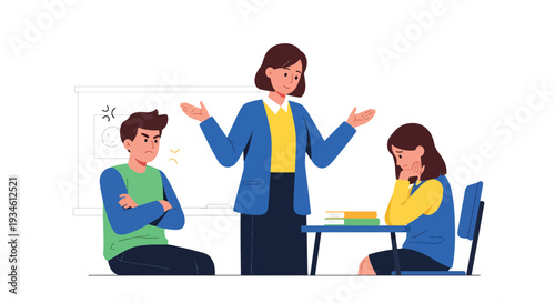 Modern vector illustration of teacher mediating conflict between students in classroom. Emotional intelligence and communication skills education concept