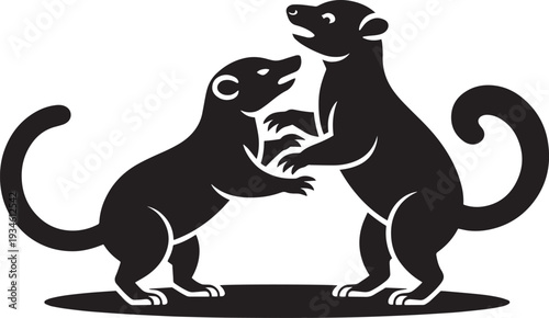 Two mongooses or meerkats interacting in standing pose black silhouette vector art design