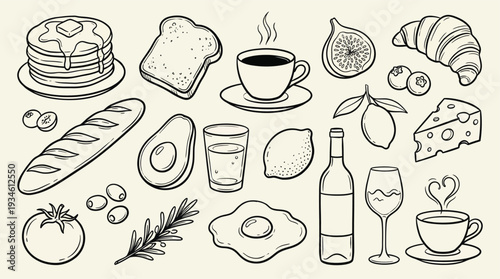Food and drink icon set in outline style, pancakes, bread, coffee, fruits, and wine