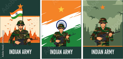Indian Army Soldier Flat Illustration Set with Tricolor Flag and Patriotic Patriotic Banners