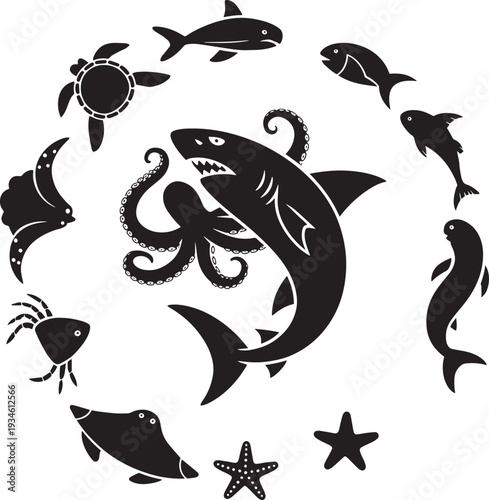 Underwater sea life collection featuring shark octopus turtle and various fish silhouettes