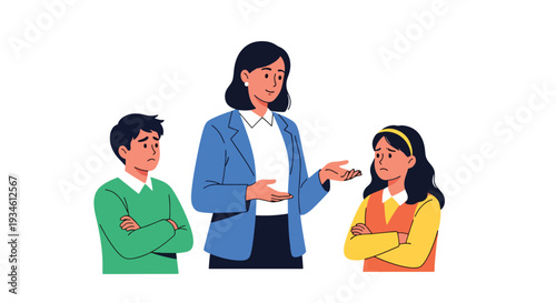 Modern vector illustration of teacher mediating conflict between students in classroom. Emotional intelligence and communication skills education concept
