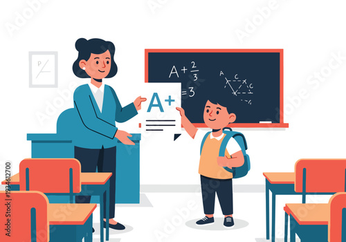 Modern vector illustration of student proudly receiving graded paper from teacher in classroom. Academic achievement, self confidence and positive education development concept