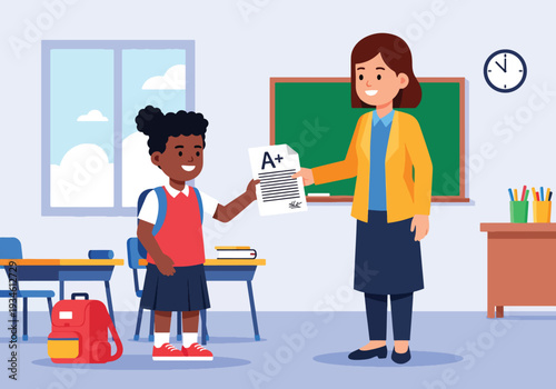 Modern vector illustration of student proudly receiving graded paper from teacher in classroom. Academic achievement, self confidence and positive education development concept