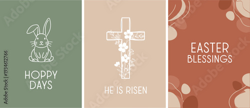 Minimalist Easter Greeting Cards Set with Bunny, Floral Cross and Abstract Art, Flat Line Illustration
