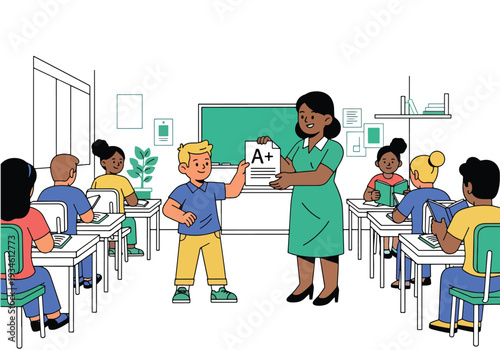 Modern vector illustration of student proudly receiving graded paper from teacher in classroom. Academic achievement, self confidence and positive education development concept
