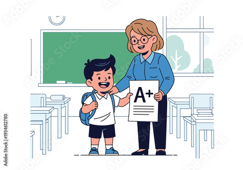 Modern vector illustration of student proudly receiving graded paper from teacher in classroom. Academic achievement, self confidence and positive education development concept