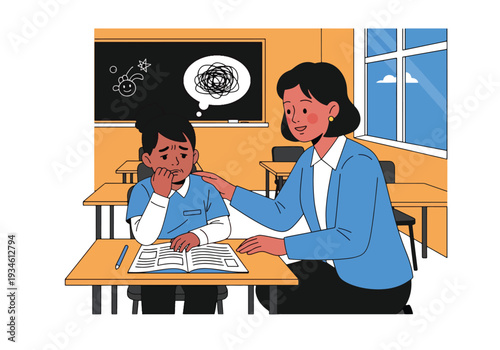 Modern vector illustration of anxious student before exam while teacher reassures calmly. Test anxiety awareness and emotional support concept in healthy school learning environment