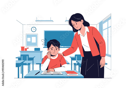 Modern vector illustration of anxious student before exam while teacher reassures calmly. Test anxiety awareness and emotional support concept in healthy school learning environment
