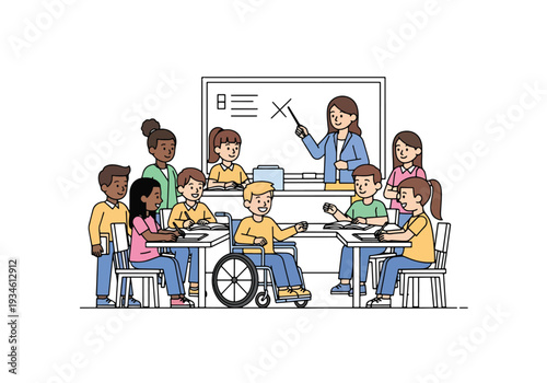 Modern vector illustration of inclusive classroom with student using wheelchair participating happily. Diversity, equal education and positive learning environment concept