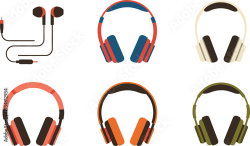 Headphones and Earphones Collection Vector Illustration Set with Modern Audio Devices for Music Listening and Technology Design