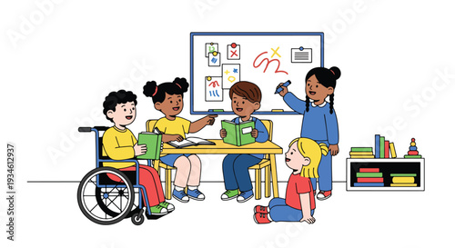 Modern vector illustration of inclusive classroom with student using wheelchair participating happily. Diversity, equal education and positive learning environment concept