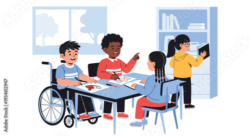 Modern vector illustration of inclusive classroom with student using wheelchair participating happily. Diversity, equal education and positive learning environment concept