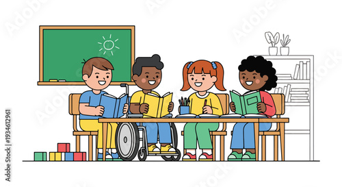 Modern vector illustration of inclusive classroom with student using wheelchair participating happily. Diversity, equal education and positive learning environment concept