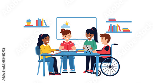 Modern vector illustration of inclusive classroom with student using wheelchair participating happily. Diversity, equal education and positive learning environment concept