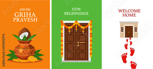 Shubh Griha Pravesh Flat Illustration Set with Kalash, Decorated Door, and Goddess Lakshmi Footprints