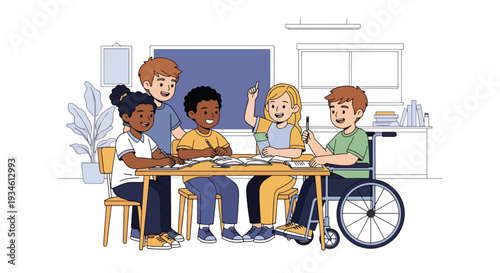 Modern vector illustration of inclusive classroom with student using wheelchair participating happily. Diversity, equal education and positive learning environment concept