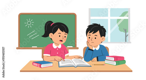Modern vector illustration of student helping classmate understand lesson. Peer support, empathy and collaborative learning concept in positive classroom environment