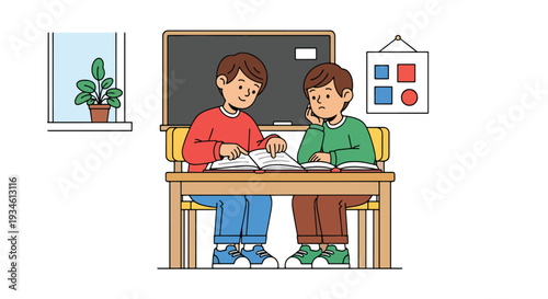 Modern vector illustration of student helping classmate understand lesson. Peer support, empathy and collaborative learning concept in positive classroom environment