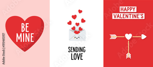 Valentine's Day Greeting Cards Set with Hearts, Love Letter and Arrows, Flat Vector Illustration