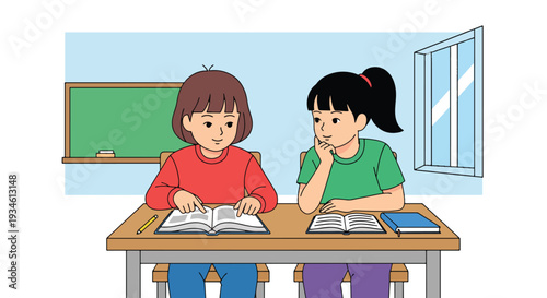 Modern vector illustration of student helping classmate understand lesson. Peer support, empathy and collaborative learning concept in positive classroom environment