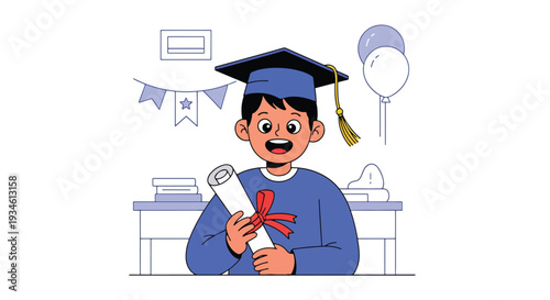 Modern vector illustration of excited student celebrating graduation in classroom with diploma. Academic milestone, achievement and emotional growth concept in school education