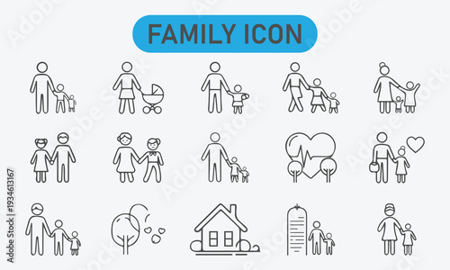 Family and parenting line icon set. Vector pictograms of couples, single parents, children, elderly, baby, newborn, teenager thin linear illustration.