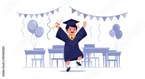 Modern vector illustration of excited student celebrating graduation in classroom with diploma. Academic milestone, achievement and emotional growth concept in school education