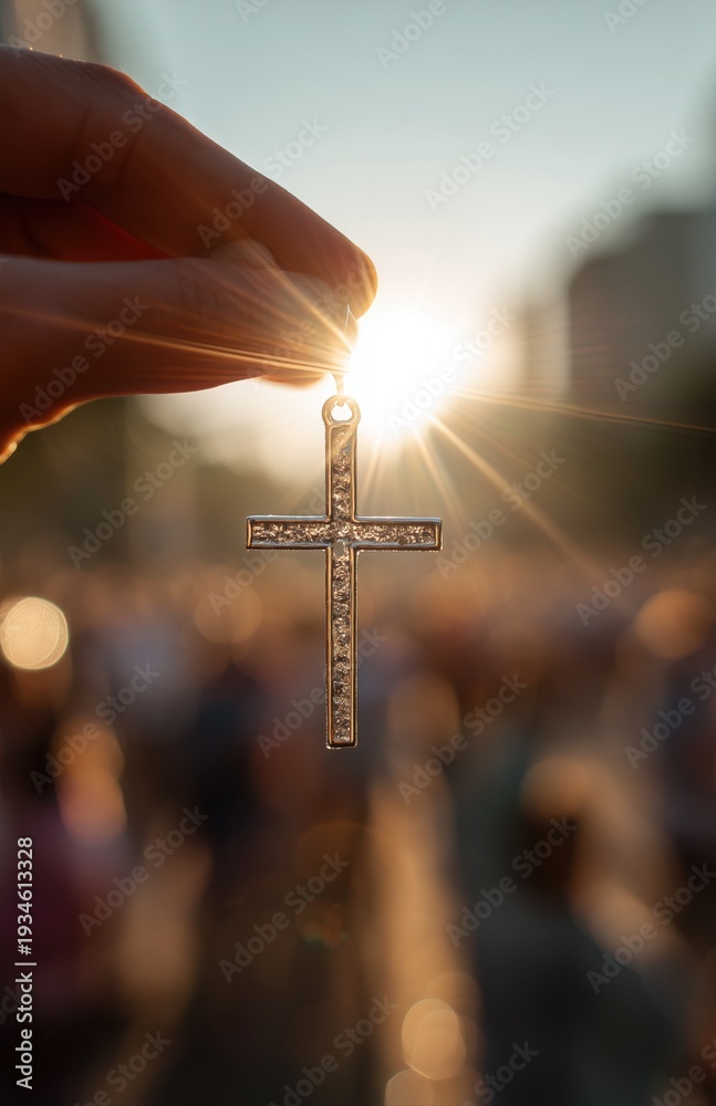 Fototapeta premium Cross Pendant Against Sunburst With Blurred Crowd