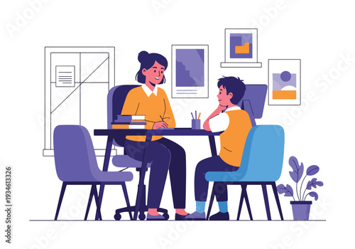 Modern vector illustration of school counselor talking privately with student about feelings. Mental health awareness and emotional support concept in education setting