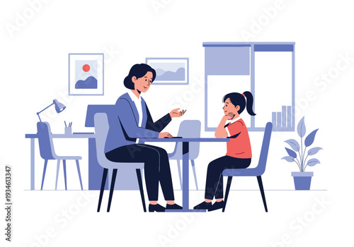 Modern vector illustration of school counselor talking privately with student about feelings. Mental health awareness and emotional support concept in education setting