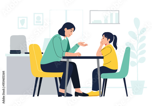 Modern vector illustration of school counselor talking privately with student about feelings. Mental health awareness and emotional support concept in education setting