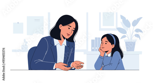 Modern vector illustration of school counselor talking privately with student about feelings. Mental health awareness and emotional support concept in education setting