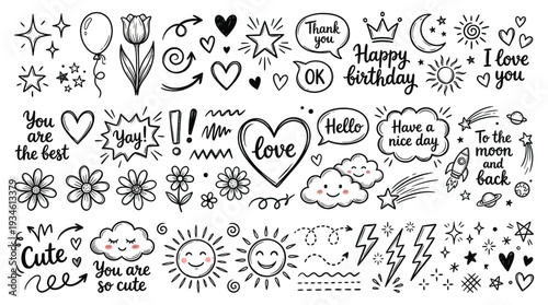 Cute hand drawn set in doodle style with hearts, stars, balloons, flowers, and speech bubbles