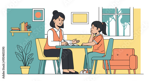Modern vector illustration of school counselor talking privately with student about feelings. Mental health awareness and emotional support concept in education setting